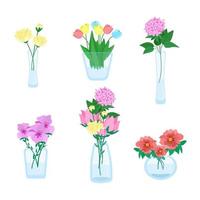 conjunto de diferentes buquês de flores em vasos de diferentes formas, lindas flores, vasos de vidro minimalistas, ilustração vetorial em estilo simples.