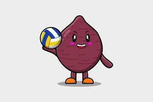 fofa desenho animado doce batata jogando voleibol vetor