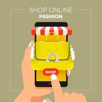 ilustrações loja online de loja online de conceito de design plano. mão segure compras de moda de venda móvel. vetor
