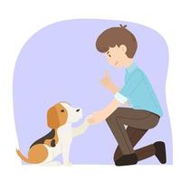 jovem homem Treinamento beagle cachorro procriar para mexe a mão vetor