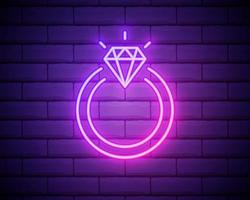 ícone de anel de noivado de diamante de néon brilhante isolado no fundo da parede de tijolo. vetor