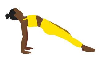 flexibilidade ioga pose. africano americano fêmea, senhora, mulher, menina com amarelo rastrear terno. pilates, treinamento, fitness, esporte. vetor ilustração dentro desenho animado plano estilo isolado em branco fundo.