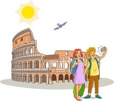 fofa família indo em período de férias para Itália e fundo coliseu vetor ilustração