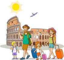 fofa família indo em período de férias para Itália e fundo coliseu vetor ilustração