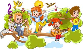 crianças pendurado em uma árvore ramo em ensolarado dia desenho animado vetor