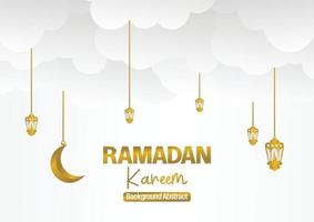 Ramadã kareem cumprimento bandeira ou cartão Projeto com 3d papel cortar enfeite do islâmico lanterna, lua em dourado e cinzento fundo. vetor ilustração. Lugar, colocar para texto