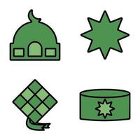 conjunto do islâmico ícones plano Projeto branco fundo, vetor ilustração do mesquita, Estrela lua, ketupat, ornamento.