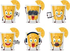 laranja suco desenho animado personagem estão jogando jogos com vários fofa emoticons vetor