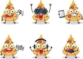 fatia do pizza desenho animado personagem estão jogando jogos com vários fofa emoticons vetor