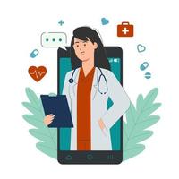 conectados médico conceito com fêmea médico personagem em Smartphone tela vetor