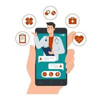 conectados médico consulta conceito com masculino médico em Smartphone exibição e médico ícone aplicativo vetor