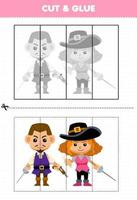 Educação jogos para crianças cortar e cola com fofa desenho animado casal imprimível pirata planilha vetor