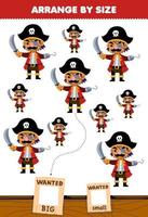 Educação jogos para crianças organizar de Tamanho grande ou pequeno cenário do fofa desenho animado capitão personagem imprimível pirata planilha vetor