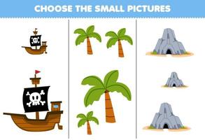 Educação jogos para crianças escolher a pequeno cenário do fofa desenho animado navio árvore e caverna imprimível pirata planilha vetor