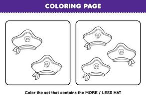 Educação jogos para crianças coloração página Mais ou Menos cenário do fofa desenho animado chapéu linha arte conjunto imprimível pirata planilha vetor