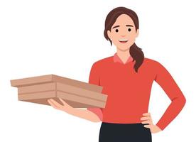 jovem lindo menina apressando-se para festa com uma pilha do pizza caixas vetor
