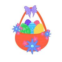 Páscoa cesta com pintado ovos e arco , vetor imagem , isolado em branco fundo , feriado parabéns