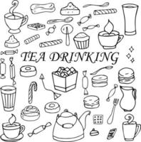 conjunto chá conjunto cozimento chá doces. rabisco ilustração para a cardápio. vetor