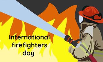 bandeira, poster ou modelo para a internacional dia do bombeiros com a ilustração do uma bombeiro extinção uma fogo. vetor ilustração para pode 4. uma bombeiro com uma mangueira dentro chamas