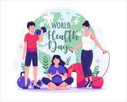 mundo saúde dia conceito ilustração com personagens do pessoas exercício, fitness, e ioga. saudável estilo de vida. vetor ilustração