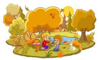 lindo outono dia crianças piquenique de a lago dentro a floresta.vetor ilustração dentro crianças estilo. vetor
