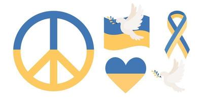 Ucrânia Paz símbolos ícone definir. ucraniano bandeira, pomba com filial, coração, fita. fique com Ucrânia. Salve  Ucrânia conceito. vetor plano ilustração