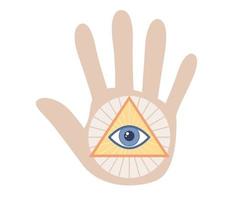 illuminati símbolo ícone. místico mão com todos vendo olho do Deus dentro sagrado geometria triângulo placa. vetor plano ilustração