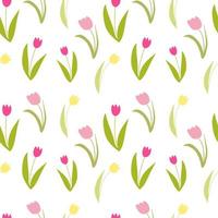 tulipas vetor desatado padronizar. mão desenhado rabisco Primavera flores padronizar. Rosa e amarelo tulipas em branco fundo. Projeto para casa têxtil, Casamento decoração, convites, invólucro papéis, papeis de parede.