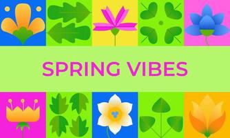 Primavera vibrações cartão. abstrato plano minimalista geométrico flores e folhas dentro colorida simples formas. criativo moderno bauhaus estilo para poster, convite, rede bandeira, fundo, anúncio. vetor