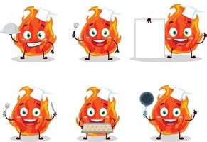 desenho animado personagem do fogo com vários chefe de cozinha emoticons vetor