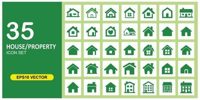 coleção do 35 casa ou propriedade ícones. coleção conjunto do casa símbolo dentro verde. adequado para casa botão projeto, interface do usuário, rede botão e propriedade Projeto. vetor