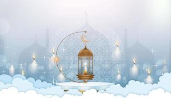 islâmico 3d pódio com tradicional islâmico lanterna e crescente lua, estrela suspensão em azul céu plano de fundo, vetor pano de fundo religião do muçulmano simbólico, eid al fitr, ramadã kareem, eid al adha,eid Mubarak