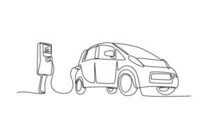 contínuo uma linha desenhando do moderno elétrico carro é carregando. elétrico carro conceito solteiro linha desenha Projeto gráfico vetor ilustração