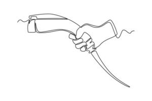 contínuo uma linha desenhando mão segurando elétrico carro carregador lidar. elétrico carro conceito solteiro linha desenha Projeto gráfico vetor ilustração