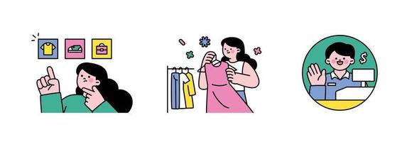 pessoas estão compras. conectados comércio eletrônico. uma menina escolhendo a item com dela dedos. menina escolhendo roupas dentro uma roupas loja. caixa. vetor