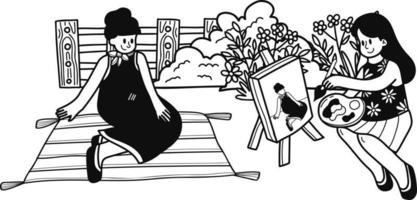 jovem mulher sentado e desenhando dentro a parque ilustração dentro rabisco estilo vetor