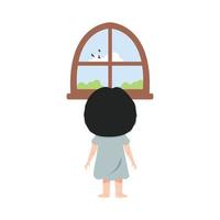 fofa menina olhando lado de fora a janela desenho animado vetor
