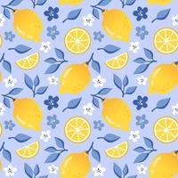 verão desatado padronizar com limão, limão fatiar, branco flores e Sombrio azul folhas dentro plano estilo, azul fundo. vetor ilustração
