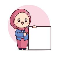 fofa hijab menina com apontando dedo e em branco borda para texto ou logotipo vetor