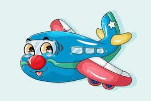 uma ilustração de um avião vermelho azul com olhos laranja, desenho animado de transporte vetor