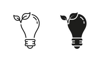 linha de lâmpada ecológica e conjunto de ícones de silhueta. lâmpada ecológica. lâmpada de eletricidade de ecologia com coleção de símbolo de folha em fundo branco. conservação do meio ambiente. ilustração vetorial isolada. vetor