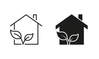 eco verde casa linha e silhueta ícone definir. ecologia real Estado construção com folha pictograma. bio natural casa símbolo coleção em branco fundo. isolado vetor ilustração.