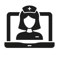 vídeo médico serviço glifo ícone. telemedicina cuidados de saúde símbolo. controlo remoto virtual médico mulher dentro computador portátil silhueta pictograma. médico conectados consulta. isolado vetor ilustração.