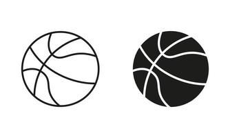 basquetebol bola Preto silhueta e linha ícone definir. bola para jogar Esportes jogos sólido e esboço símbolo coleção em branco fundo. isolado vetor ilustração.