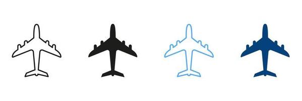 avião linha e silhueta cor ícones definir. aviação jato, avião pictograma. viagem turismo esboço e sólido símbolos coleção em branco fundo. isolado vetor ilustração.