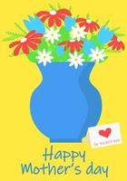 uma azul vaso com flores e uma Nota este diz feliz. mãe dia cartão ou vertical bandeira. vetor ilustração.