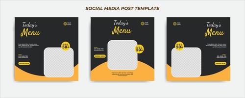 comida menu banner postagem de mídia social. modelos de mídia social editáveis para promoções no menu de comida vetor