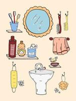 lavatório parede doodle. higiene definir. banheiro pessoal higiene. lavar vetor banho procedimentos Unid.