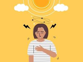 uma mulher de pé sob a luz do sol em clima quente e com dor de cabeça, falta de ar, tontura e dor no peito. conceito de insolação. ilustração vetorial plana. vetor