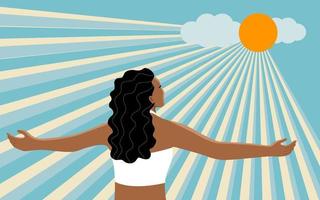 uma mulher bronzeada sob a luz do sol para obter mais vitamina d do sol, conceito de vida saudável. ilustração em vetor plana.